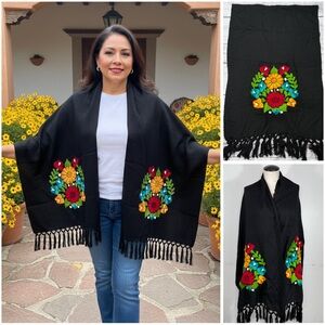 Black Shawl Wrap with Colorful Floral Zinacantan Mexican Embroidery
